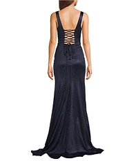 Honey and Rosie V-Neck Corseted Pleated Envelope Front Lace Up Back Dress