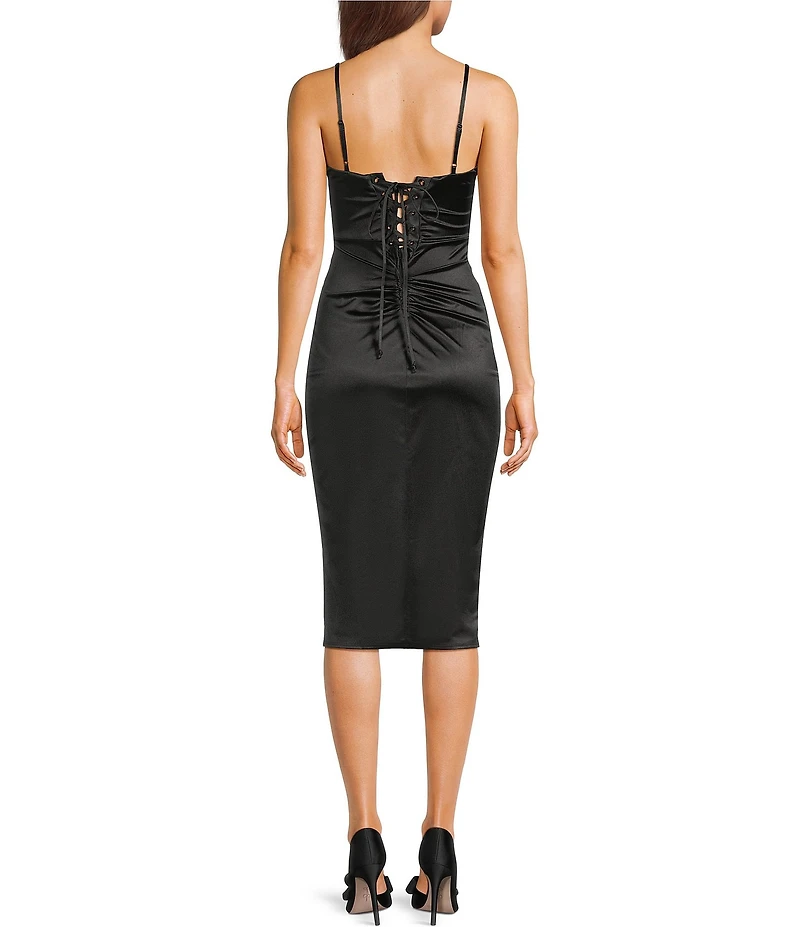 Honey and Rosie V-Neck Corseted Pleated Envelope Front Lace Up Back Midi Dress