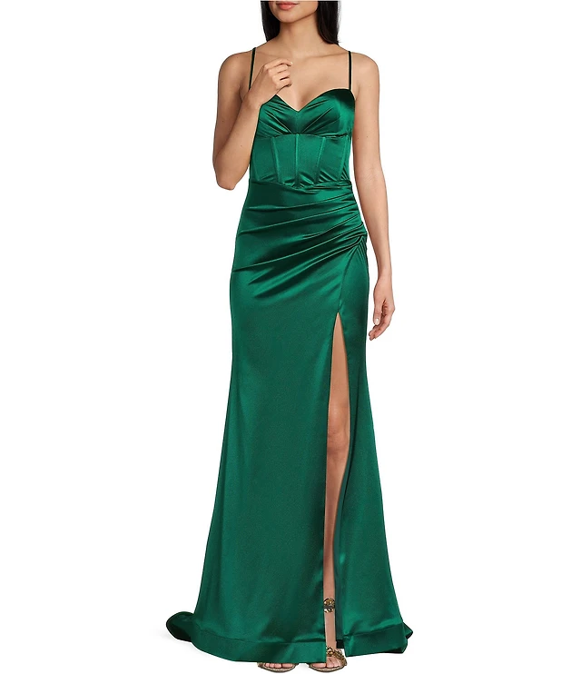 Honey and Rosie V-Neck Corseted Side Slit Lace Up Back Long Dress | Liberty  Center