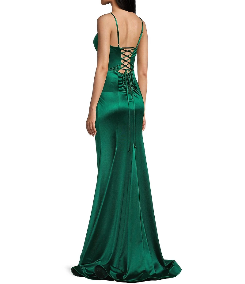 Honey and Rosie V-Neck Corseted Side Slit Lace Up Back Dress