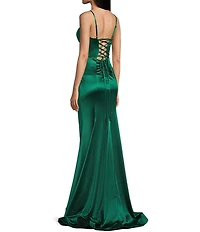 Honey and Rosie V-Neck Corseted Side Slit Lace Up Back Dress