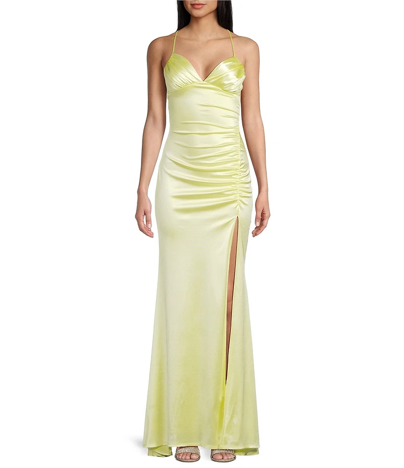 Honey and Rosie V-Neck Halter Shirred Lace Up X-Back Long Dress