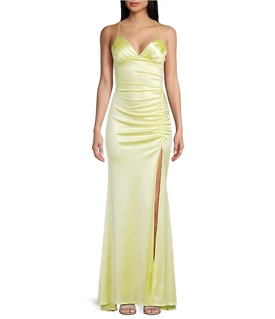 Honey and Rosie V-Neck Halter Shirred Lace Up X-Back Long Dress