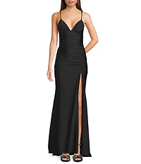 Honey and Rosie V-Neck Shirred Lace Up Tie Back Mermaid Gown