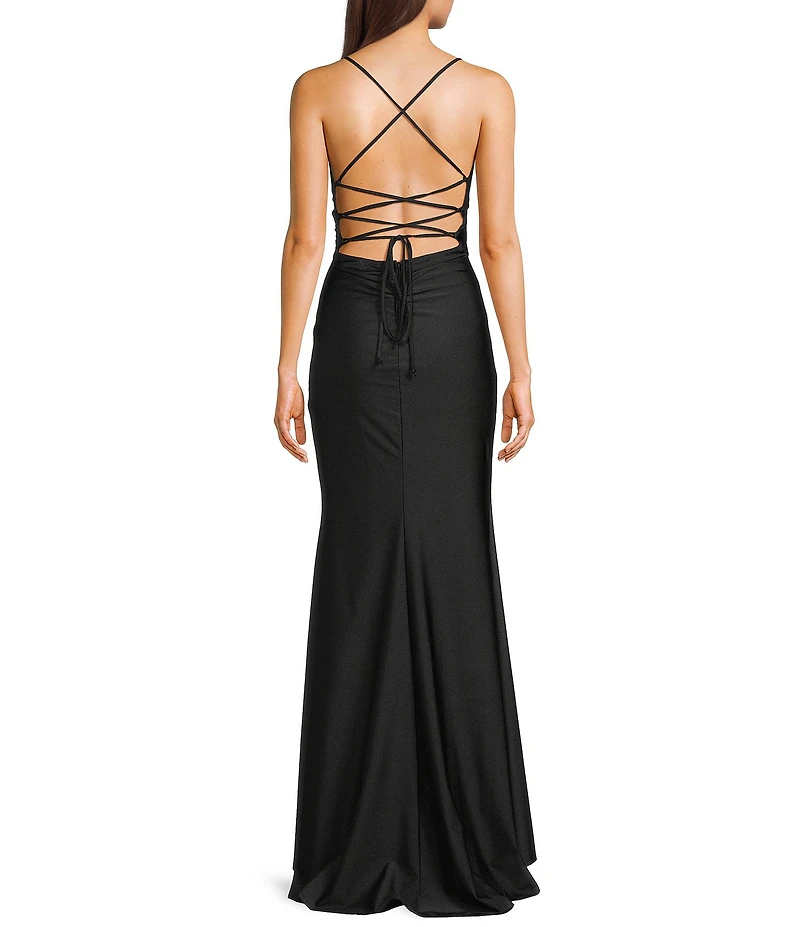 Honey and Rosie V-Neck Shirred Lace Up Tie Back Mermaid Gown