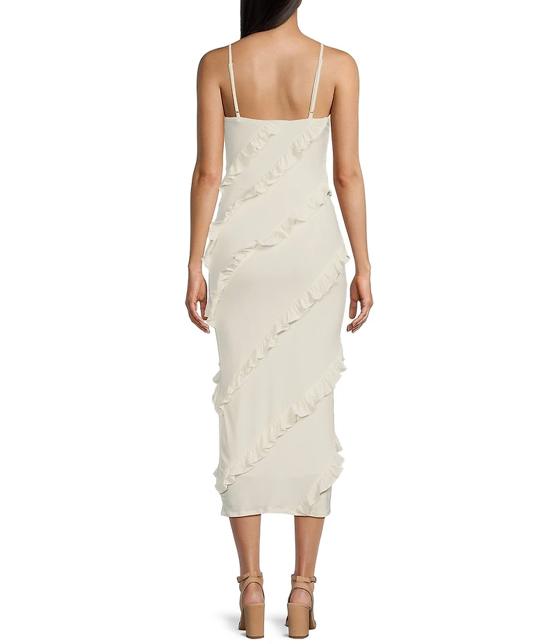 Honey and Rosie V-Neck Spaghetti Strap Ruffle Fitted Midi Dress