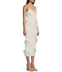 Honey and Rosie V-Neck Spaghetti Strap Ruffle Fitted Midi Dress