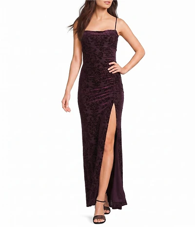 Honey and Rosie Velvet Burnout Cowl Neck Side Slit Lace-Up-Back Dress