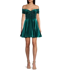 Honey and Rosie Velvet Off The Shoulder Ruched A-Line Dress