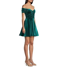 Honey and Rosie Velvet Off The Shoulder Ruched A-Line Dress