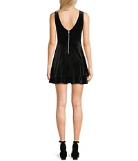 Honey and Rosie Velvet Plunging Neck Illusion Mesh Bodice Cut Out A-Line Dress