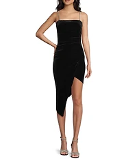 Honey and Rosie Velvet Rhinestone Trim Faux Wrap Asymmetrical Hem Dress