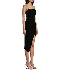 Honey and Rosie Velvet Rhinestone Trim Faux Wrap Asymmetrical Hem Dress