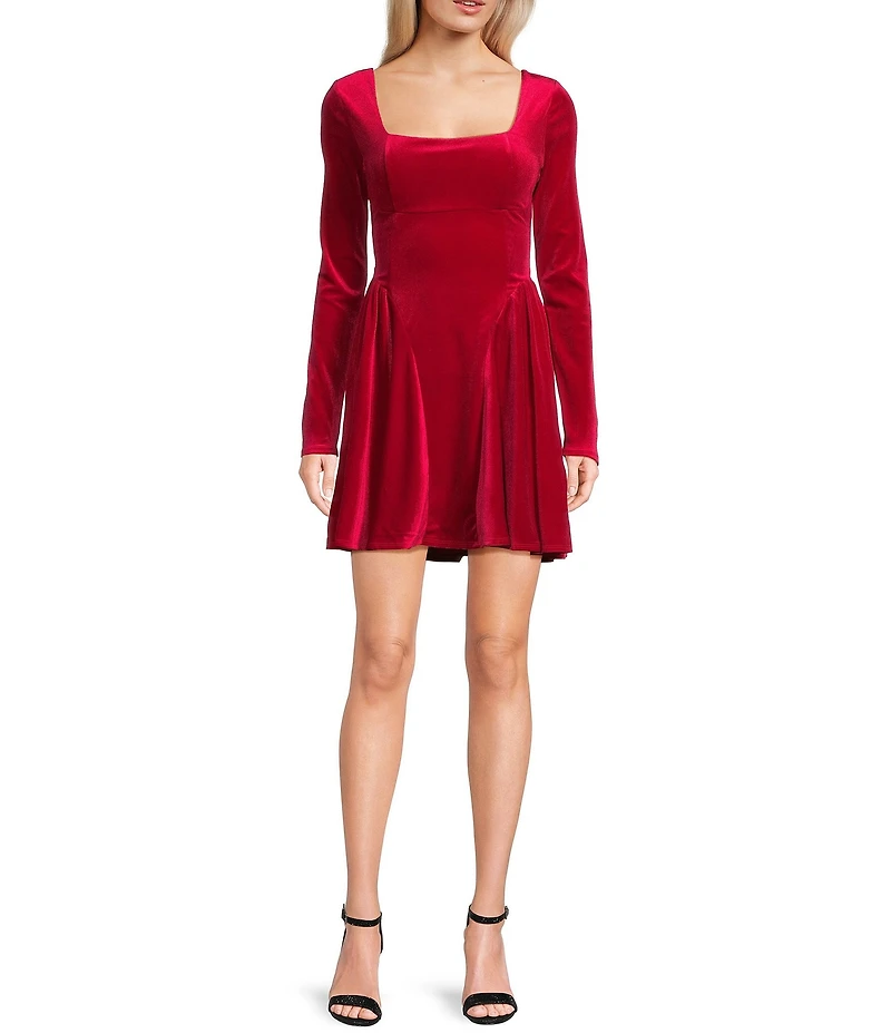 Honey and Rosie Velvet Square Neck Long Sleeve Scoop Bow Back Dress
