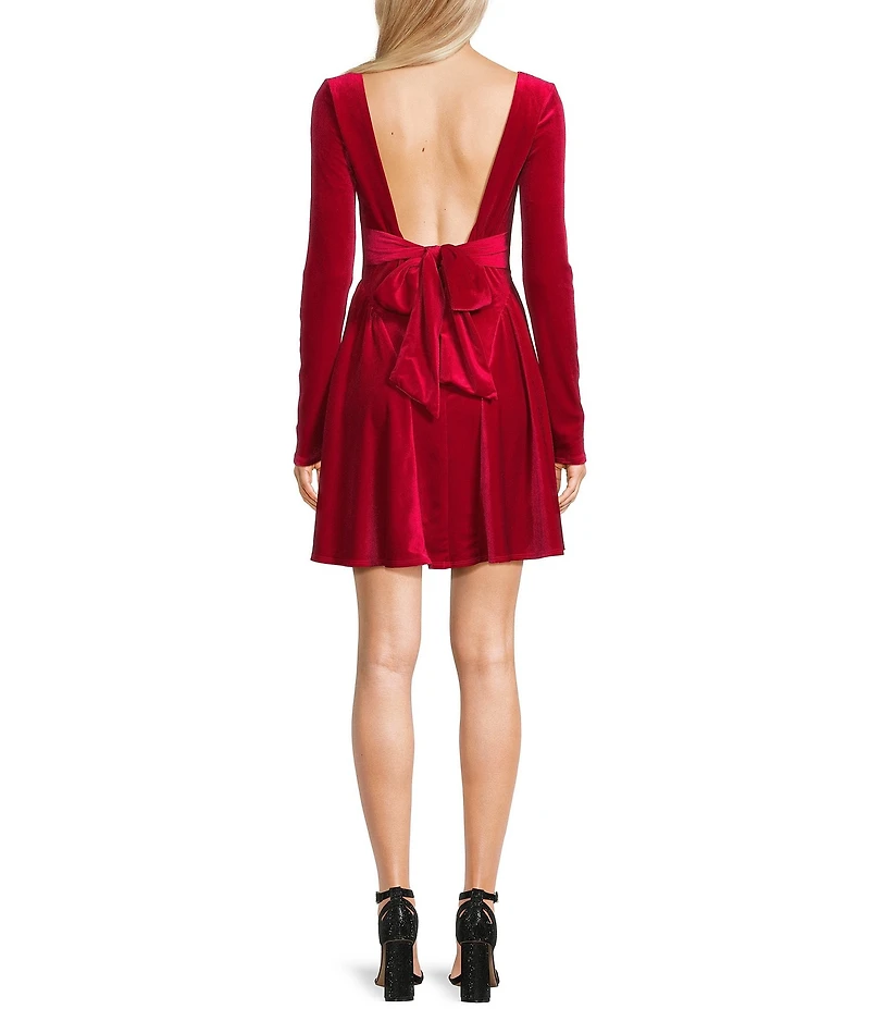 Honey and Rosie Velvet Square Neck Long Sleeve Scoop Bow Back Dress