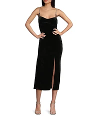 Honey and Rosie Velvet Sweetheart Neck Rhinestone Strap Side Slit Midi Dress