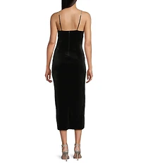 Honey and Rosie Velvet Sweetheart Neck Rhinestone Strap Side Slit Midi Dress