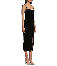 Honey and Rosie Velvet Sweetheart Neck Rhinestone Strap Side Slit Midi Dress