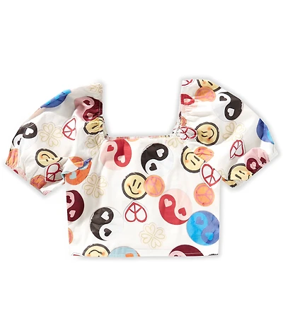 Honey & Sparkle Big Girls Puffed-Sleeve Printed Textured Cropped Top