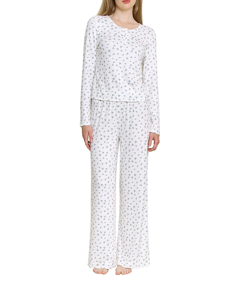 HONEYDEW Blissful Ditsy Floral Print Long Sleeve Henley Neck Pajama Set