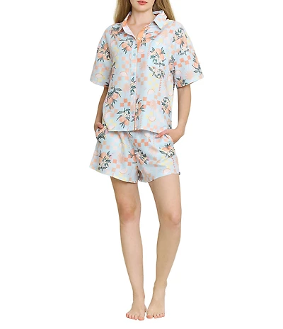 Honeydew Brunch Date Citrus Check Woven Short Sleeve Notch Collar Shorty Pajama Set