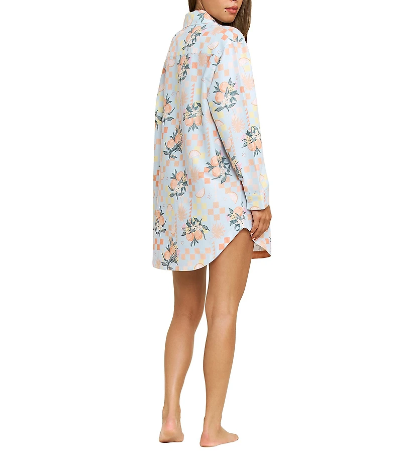 Honeydew Brunch Date Woven Citrus Check Long Sleeve Notch Collar Button-Front Sleepshirt