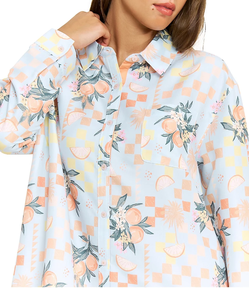 Honeydew Brunch Date Woven Citrus Check Long Sleeve Notch Collar Button-Front Sleepshirt