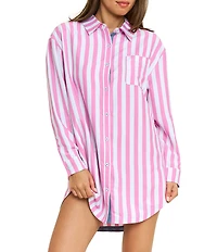 Honeydew Brunch Date Woven Striped Long Sleeve Notch Collar Button-Front Sleepshirt