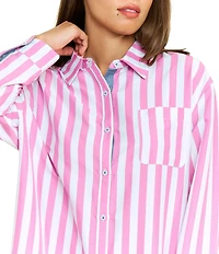 Honeydew Brunch Date Woven Striped Long Sleeve Notch Collar Button-Front Sleepshirt