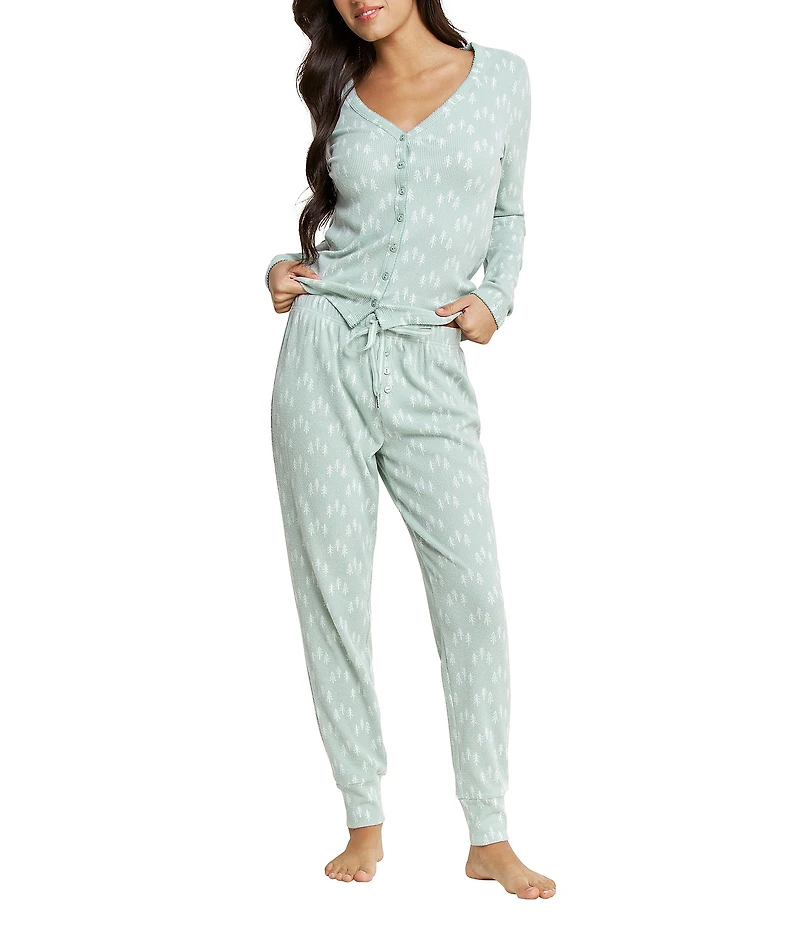 HONEYDEW Cabin Comfort Long Sleeve V-Neck Knit Holiday Tree Print Long Pajama Set