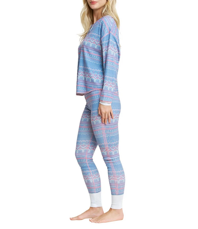HONEYDEW Daybreak Fair Isle Print Long Sleeve Ribbed Jersey Knit Long Holiday Pajama Set