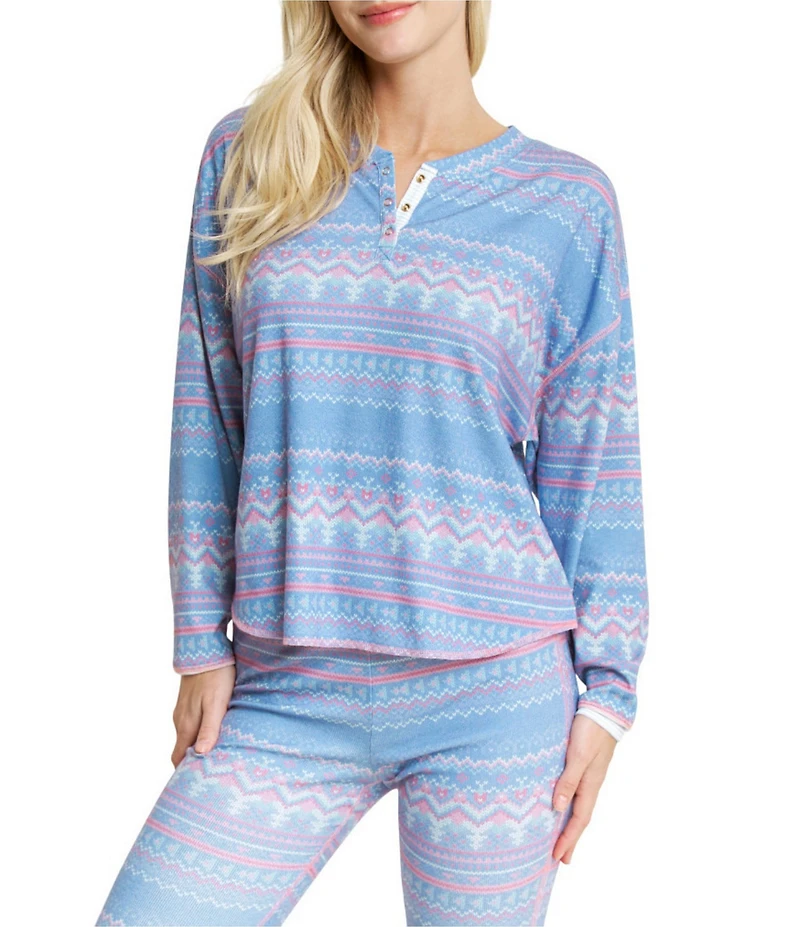 HONEYDEW Daybreak Fair Isle Print Long Sleeve Ribbed Jersey Knit Long Holiday Pajama Set