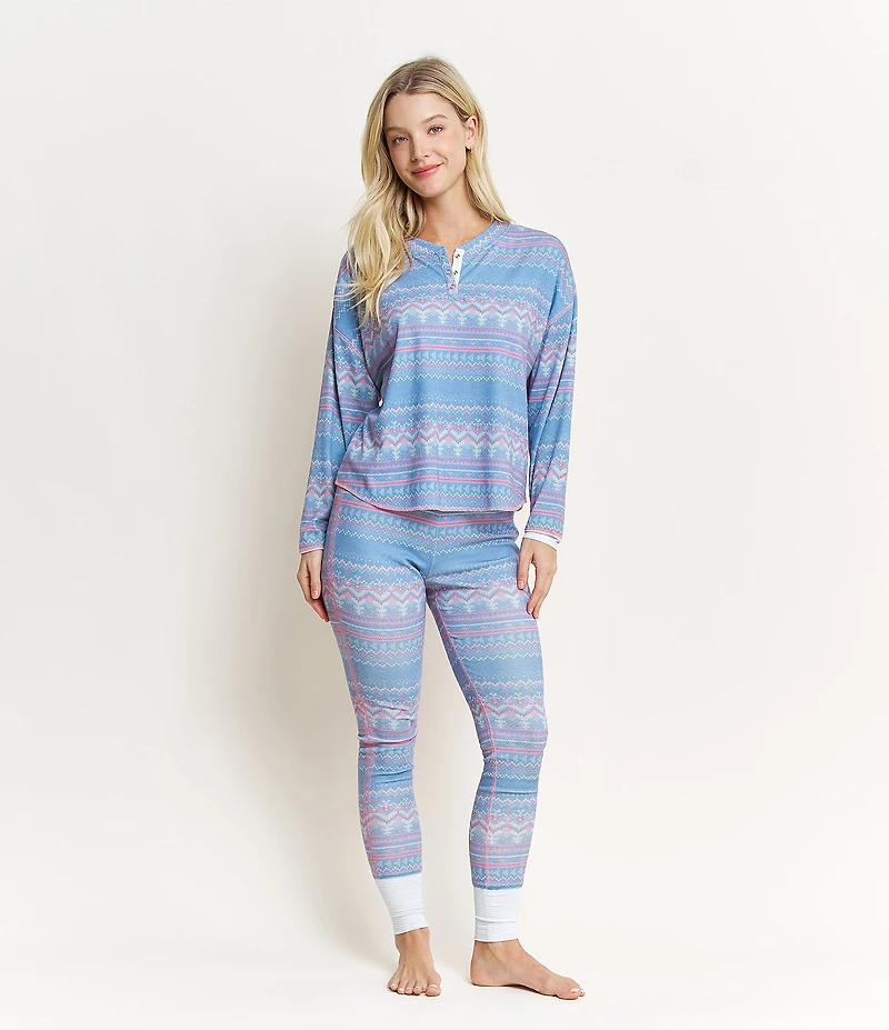 HONEYDEW Daybreak Fair Isle Print Long Sleeve Ribbed Jersey Knit Long Holiday Pajama Set