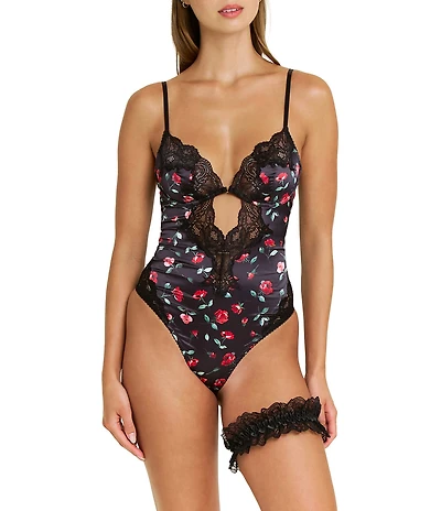 HONEYDEW Garden Of Eden Floral Silky Lace V-Neck Sleeveless Bodysuit & Garter Set