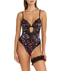 HONEYDEW Garden Of Eden Floral Silky Lace V-Neck Sleeveless Bodysuit & Garter Set
