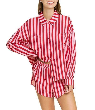HONEYDEW Brunch Date Woven Holiday Striped Long Sleeve Notch Collar Shorty Pajama Set