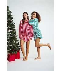 Honeydew Intimates Brunch Date Woven Holiday Striped Long Sleeve Notch Collar Shorty Pajama Set