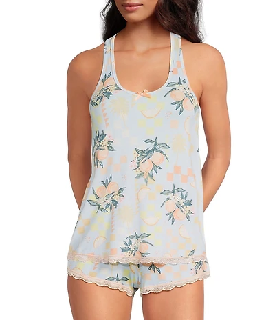 Honeydew Intimates Dream Knit Citrus Check Print Sleeveless Crew Neck Shorty Pajama Set