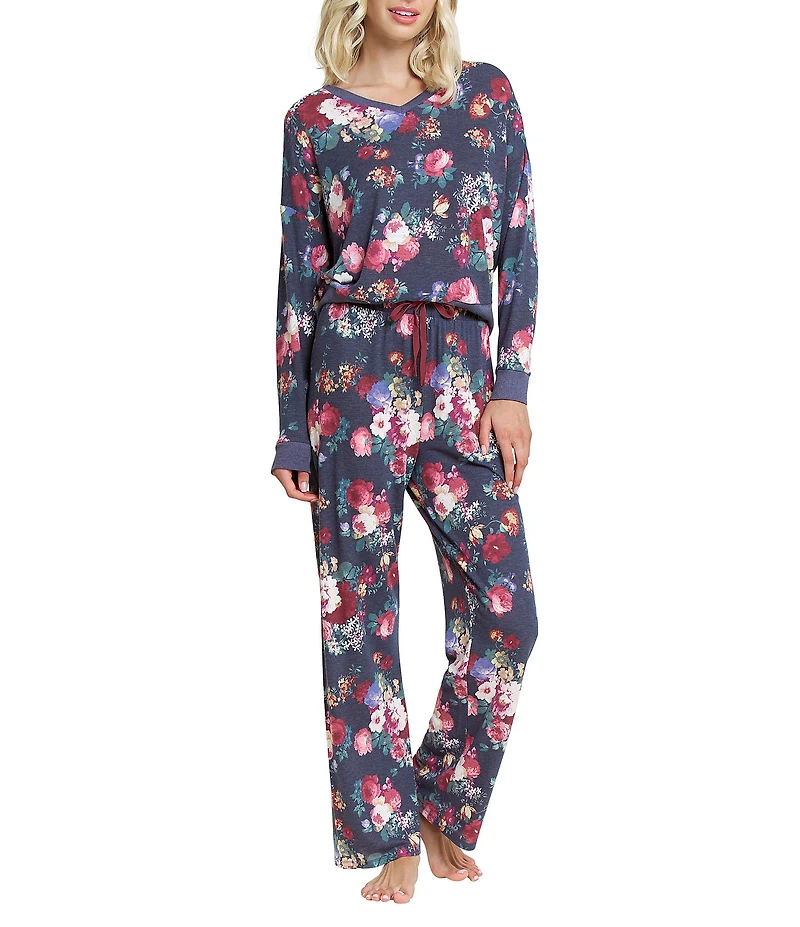 Honeydew Intimates Star Seeker Long Sleeve V-Neck Lightweight Brushed Jersey Knit Floral Print Long Pajama Set