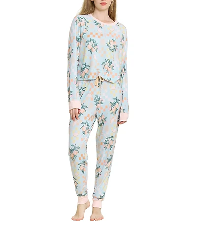 HONEYDEW Star Seeker Citrus Check Long Sleeve Crew Neck Brushed Jersey Knit Long Pajama Set