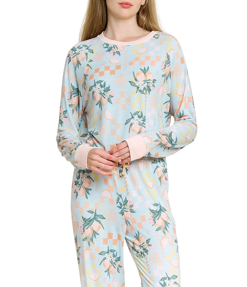 HONEYDEW Star Seeker Citrus Check Long Sleeve Crew Neck Brushed Jersey Knit Long Pajama Set