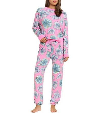 HONEYDEW Star Seeker Tropical Floral Long Sleeve Crew Neck Brushed Jersey Knit Long Pajama Set
