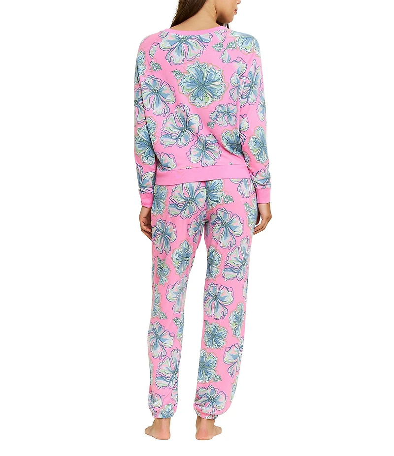 HONEYDEW Star Seeker Tropical Floral Long Sleeve Crew Neck Brushed Jersey Knit Long Pajama Set