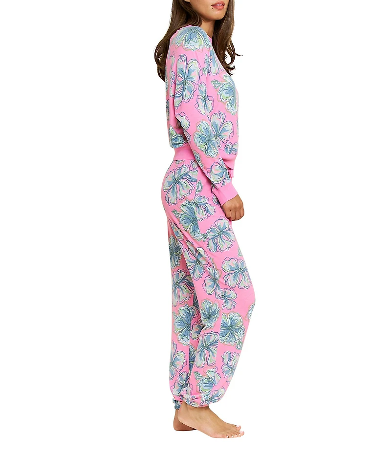 HONEYDEW Star Seeker Tropical Floral Long Sleeve Crew Neck Brushed Jersey Knit Long Pajama Set