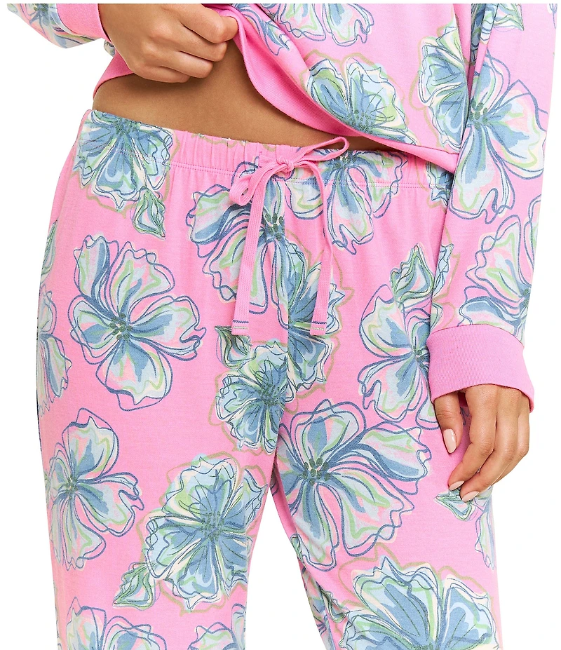 HONEYDEW Star Seeker Tropical Floral Long Sleeve Crew Neck Brushed Jersey Knit Long Pajama Set