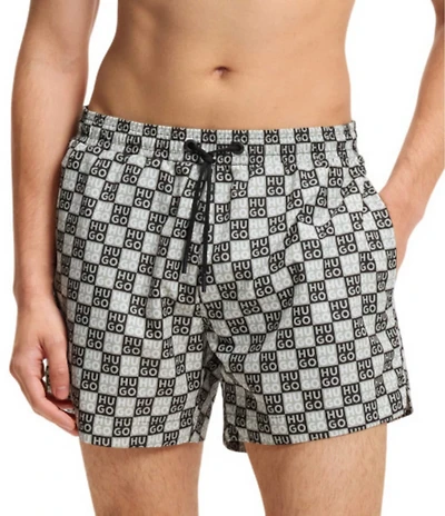 Hugo Boss Aaron Stacked-Logo Check Print 4.72#double; Inseam Swim Trunks