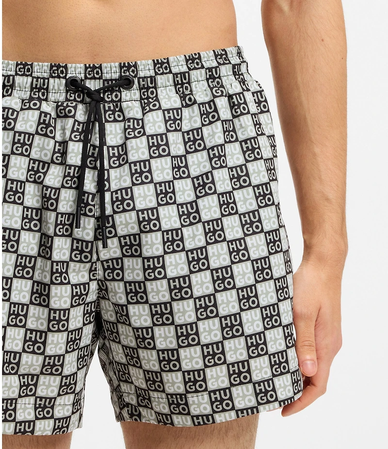 Hugo Boss Aaron Stacked-Logo Check Print 4.72#double; Inseam Swim Trunks