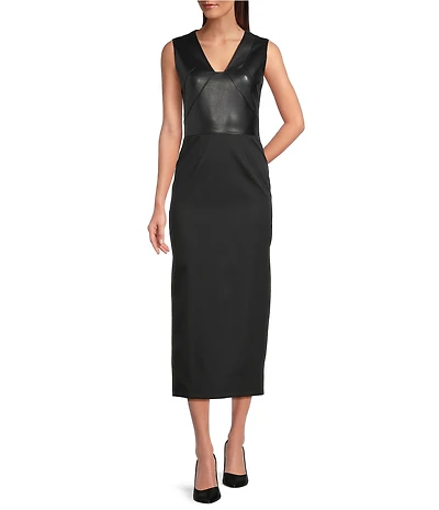 Hugo Boss Drumialda Leather V-Neck Sleeveless Virgin Wool Midi Dress