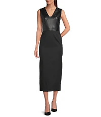Hugo Boss Drumialda Leather V-Neck Sleeveless Virgin Wool Midi Dress