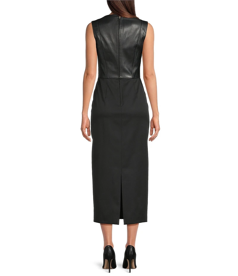 Hugo Boss Drumialda Leather V-Neck Sleeveless Virgin Wool Midi Dress